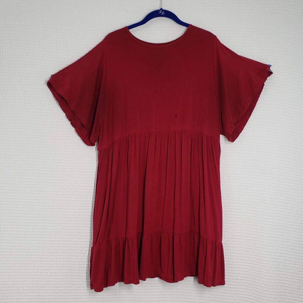 Exotica Babydoll Mini Dress Womens Large/XL Red Maroon Short Sleeve Pockets
